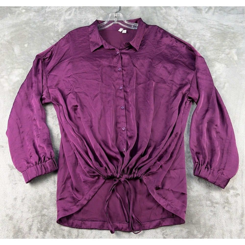 Cato Blouse Womens 18/20W Purple Drawstring Cinched Satin Button-Down